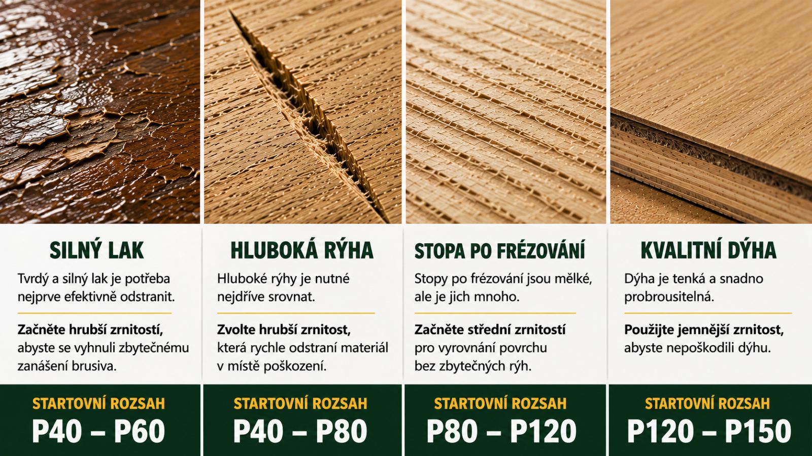Povrchy dřeva vyžadující různé počáteční zrnitosti brusiva